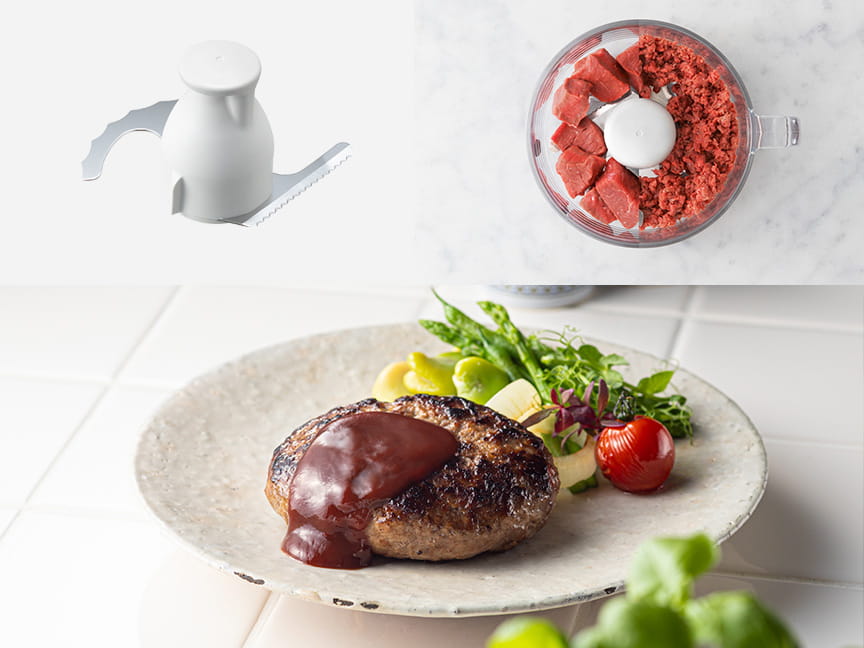 写真:部品のナイフカッター、肉の入ったフードプロセッサー、ハンバーグ