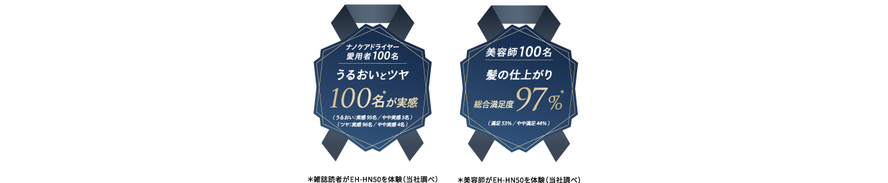 エンブレム:ナノケアドライヤー愛用者100名 うるおいとツヤ100名が実感,美容師100名 髪の仕上がり総合満足度97%