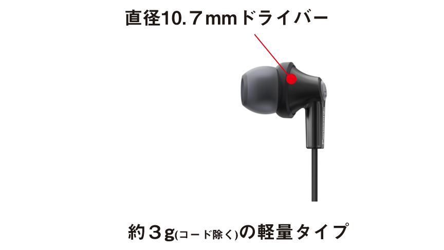 直径10.7mmドライバー 約3g(コード除く)の軽量タイプ