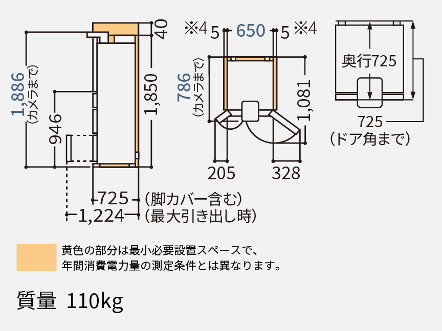 NR-F53CV1 据付必要寸法図(単位:mm)
