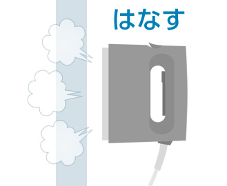 イラスト:アイロン面を衣類から1 cm程はなす